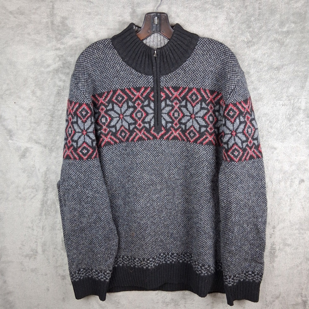 Vintage LL Bean Fair Isle Sweater Mens XL Shetland Wool Gray Red Quarter Zip